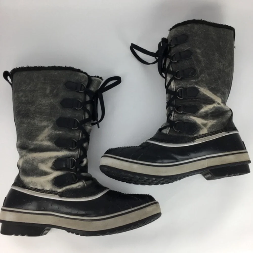 Sorel Tivoli Winter Snow Waterproof Boots Lace Up Distressed Grey Black Size 9.5